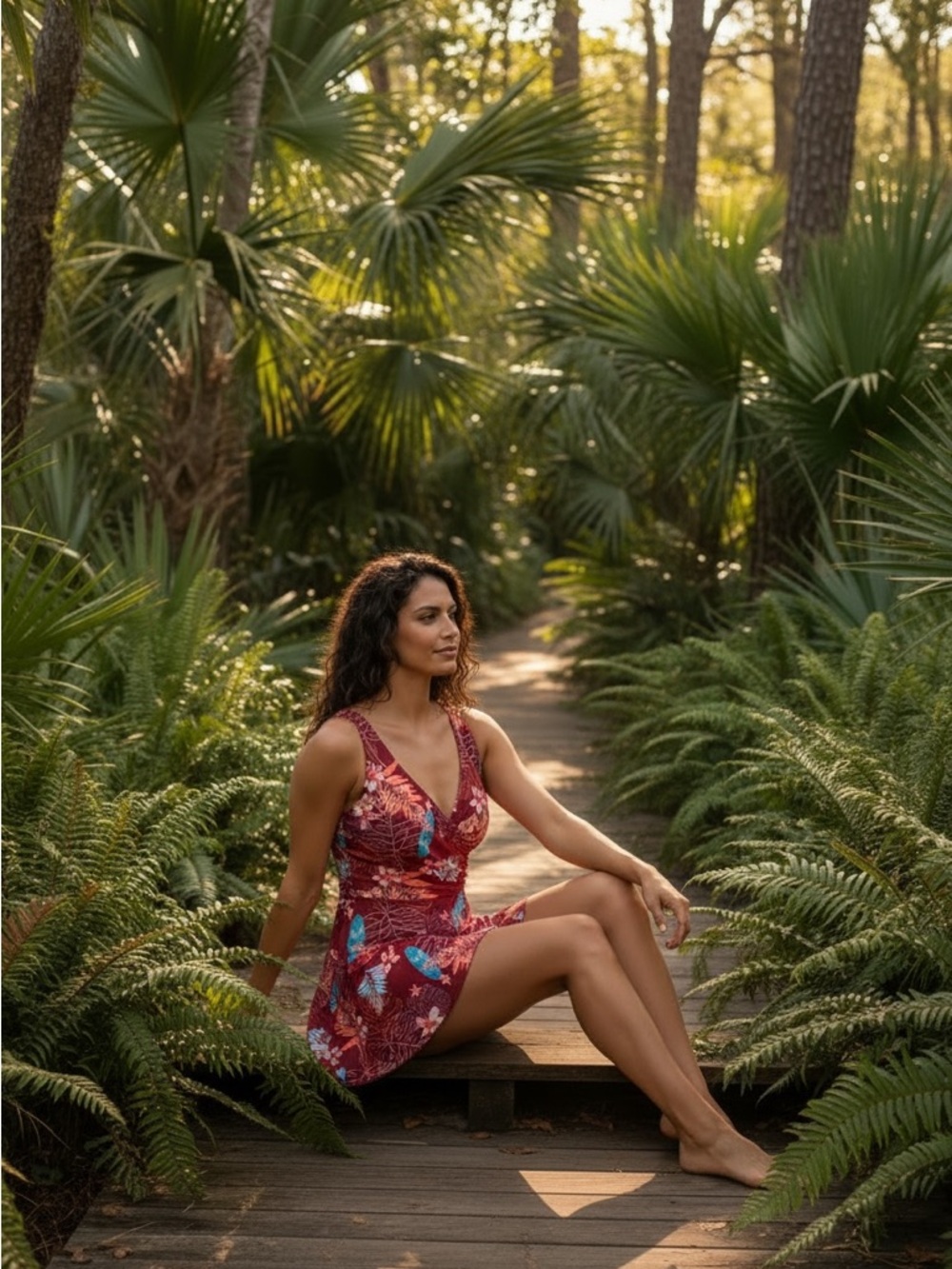 NWT SHEKINI Floral Swim Dress | Burgundy Tropical Print | Size M